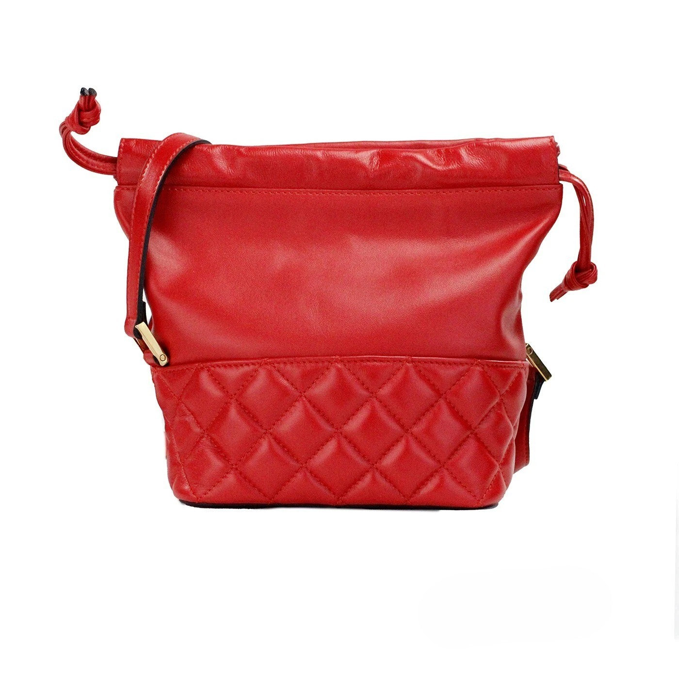 Versace Red Quilted Leather Drawstring Shoulder Bag Bucket Crossbody Handbag
