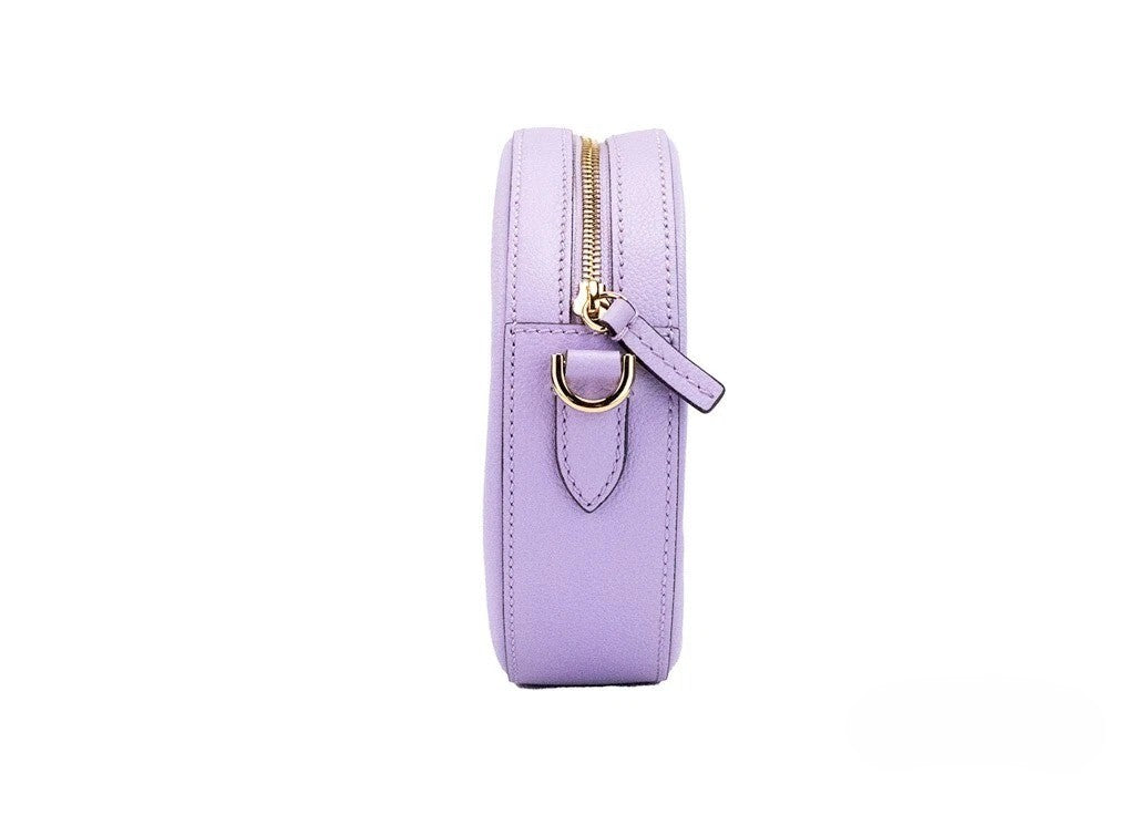 Versace Round Disco Lilac Pebbled Leather Camera Case Crossbody Bag Purse